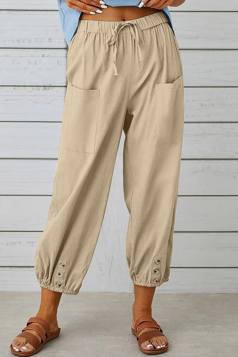 Casual Solid Pocket Loose Hoge Taille Brede Pijp Effen Kleur Broekje (10 Kleuren)