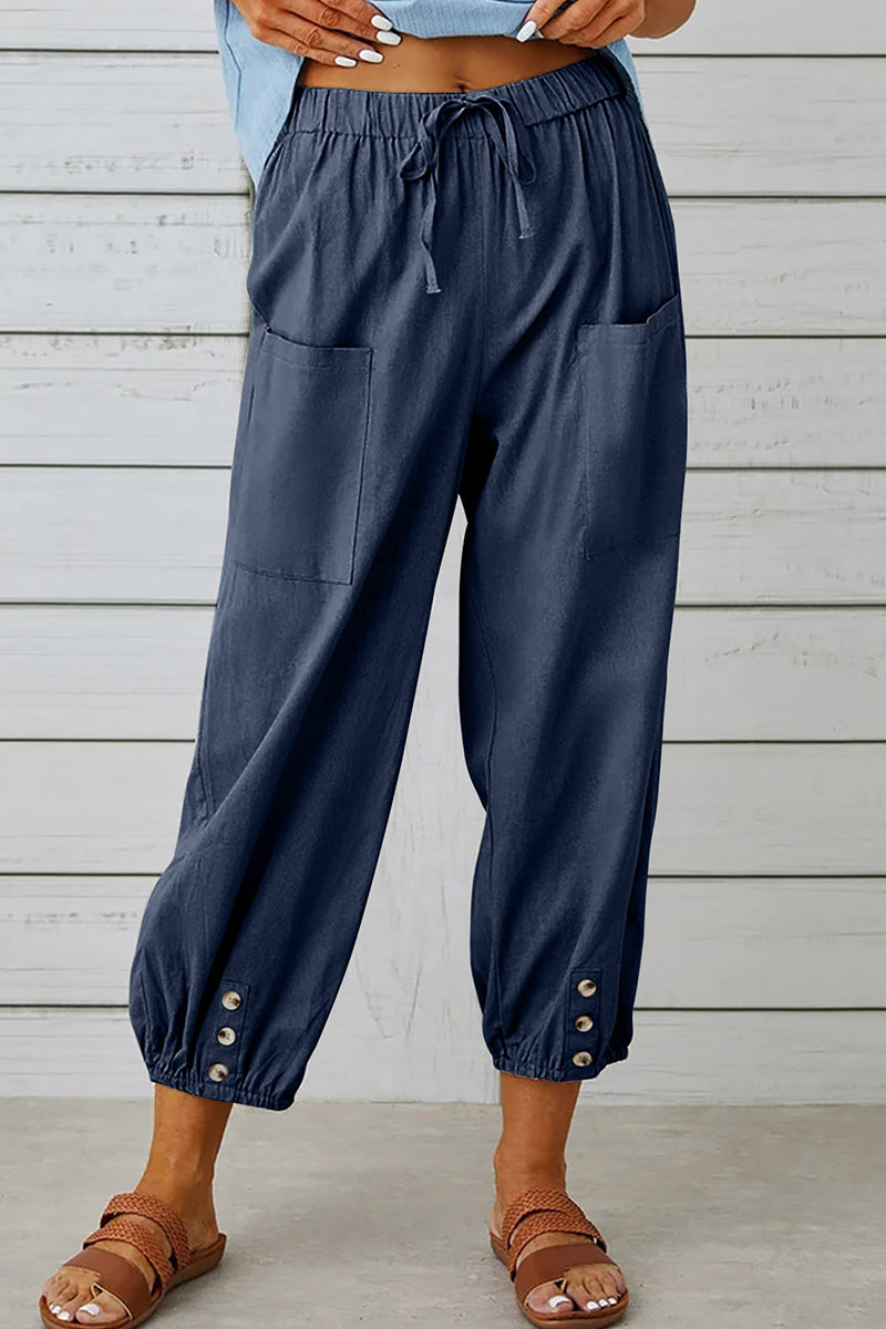 Casual Solid Pocket Loose Hoge Taille Brede Pijp Effen Kleur Broekje (10 Kleuren)