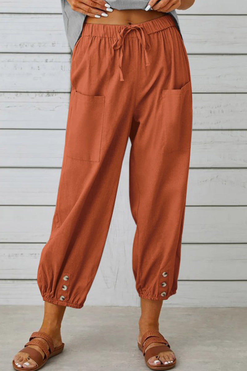 Casual Solid Pocket Loose Hoge Taille Brede Pijp Effen Kleur Broekje (10 Kleuren)
