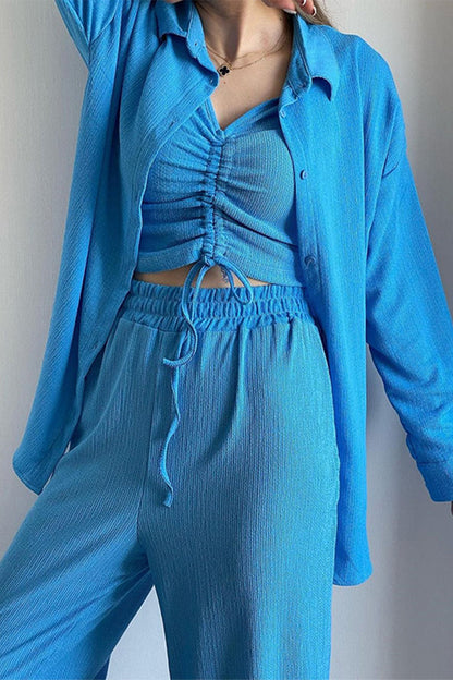 Casual Solid Draw String Fold Turndown Collar Lange Mouw Driedelig (Shirt Vest Broek)