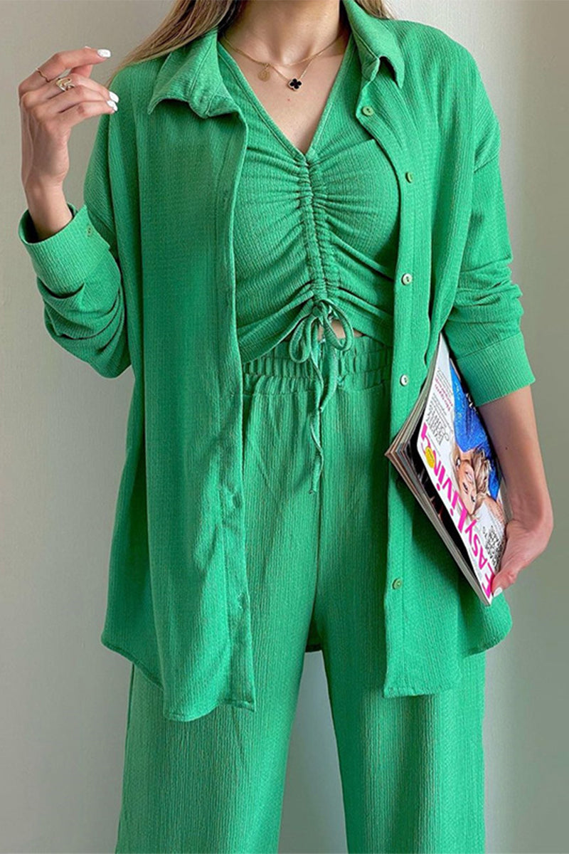 Casual Solid Draw String Fold Turndown Collar Lange Mouw Driedelig (Shirt Vest Broek)