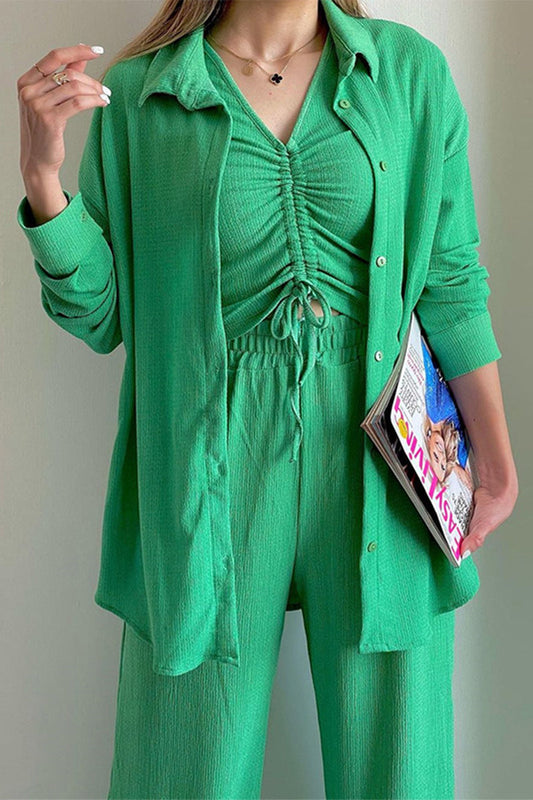 Casual Solid Draw String Fold Turndown Collar Lange Mouw Driedelig (Shirt Vest Broek)