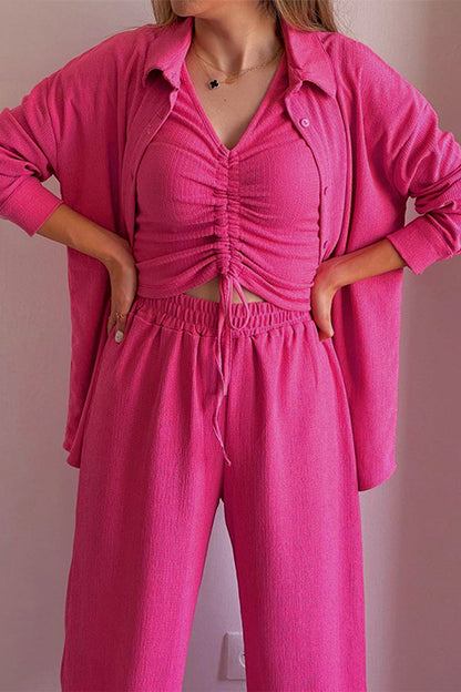 Casual Solid Draw String Fold Turndown Collar Lange Mouw Driedelig (Shirt Vest Broek)