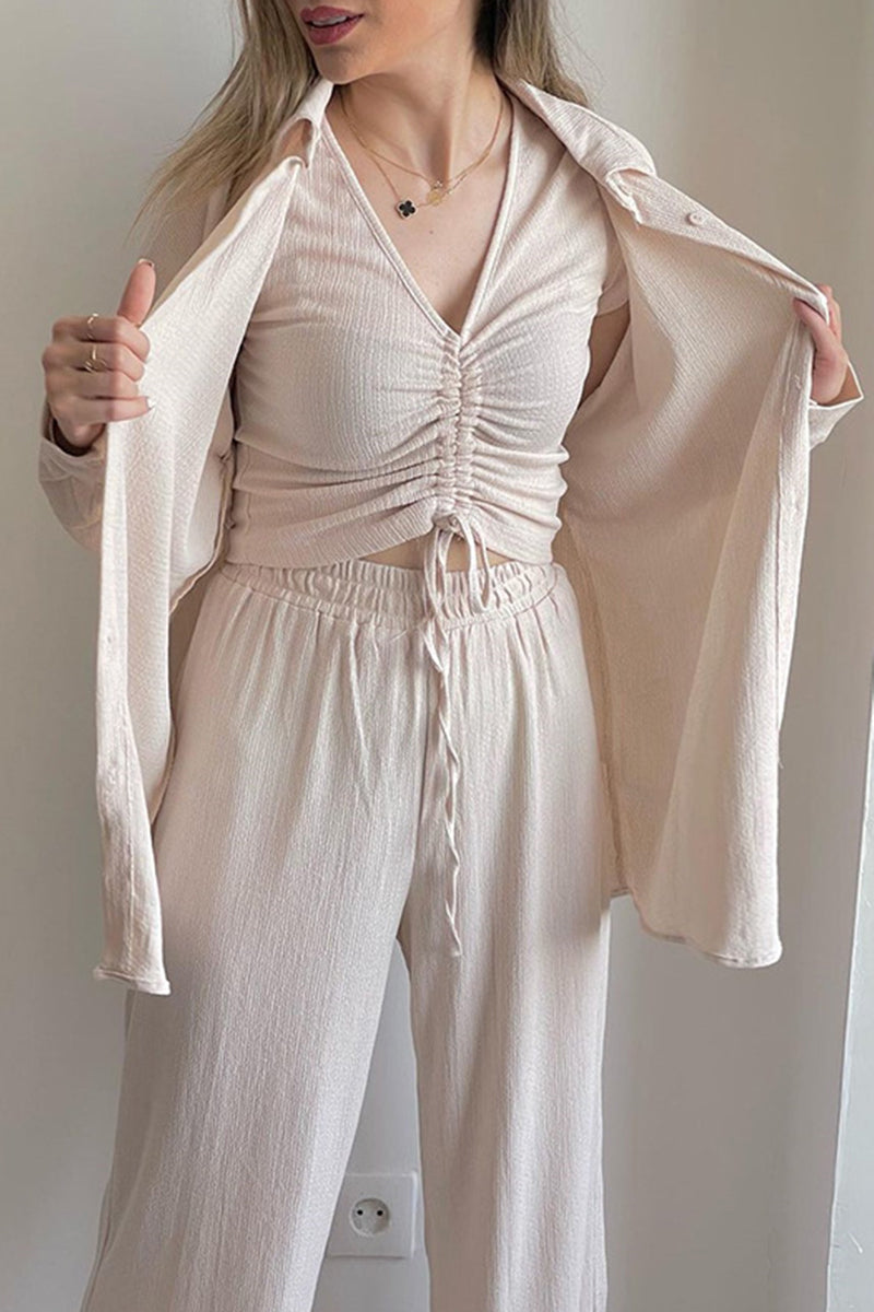 Casual Solid Draw String Fold Turndown Collar Lange Mouw Driedelig (Shirt Vest Broek)