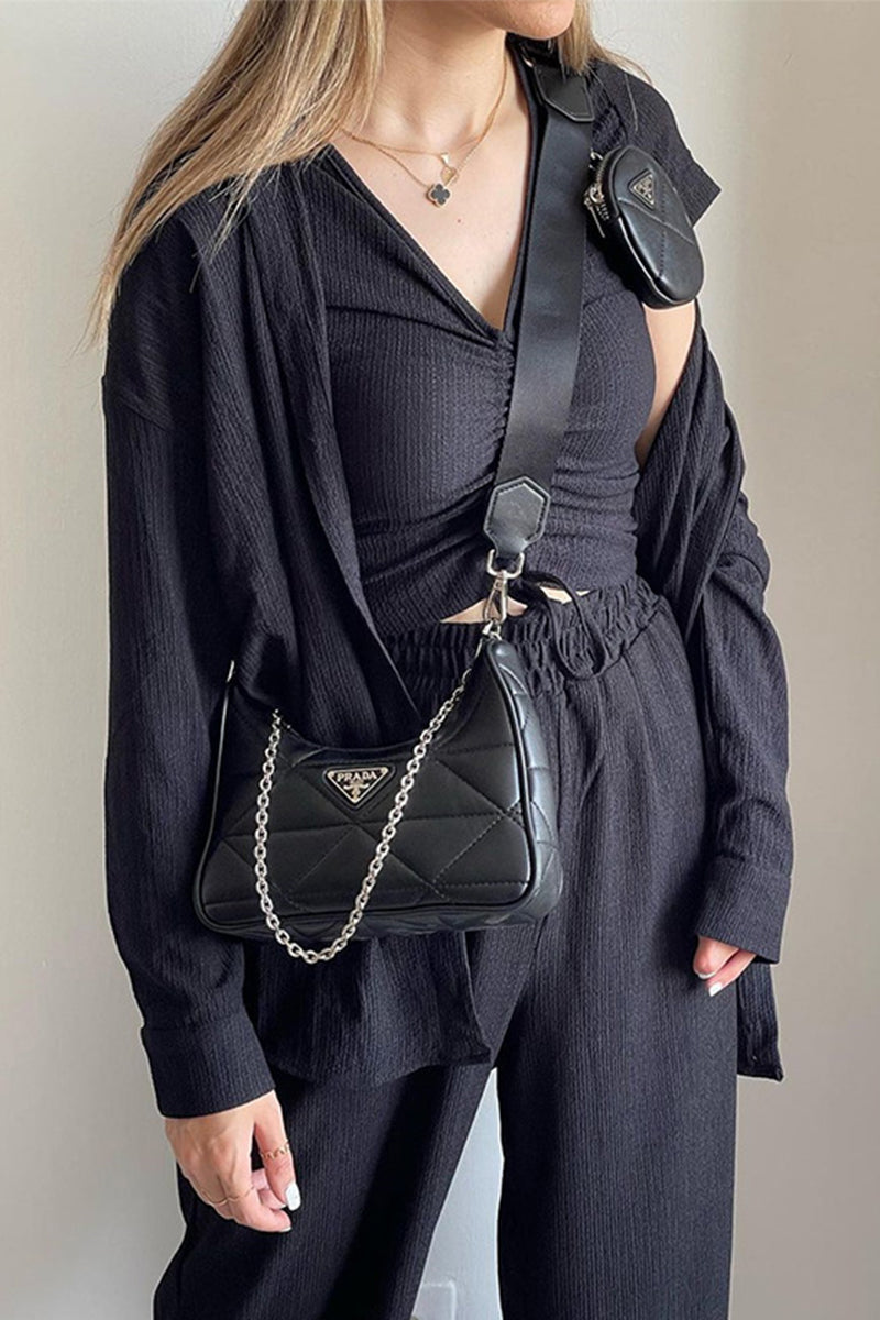 Casual Solid Draw String Fold Turndown Collar Lange Mouw Driedelig (Shirt Vest Broek)