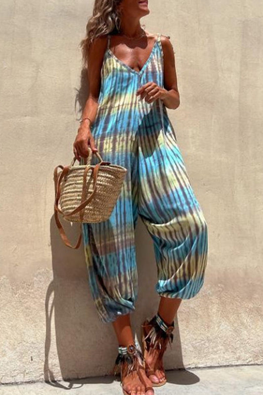 college print pocket V-hals los jumpsuits