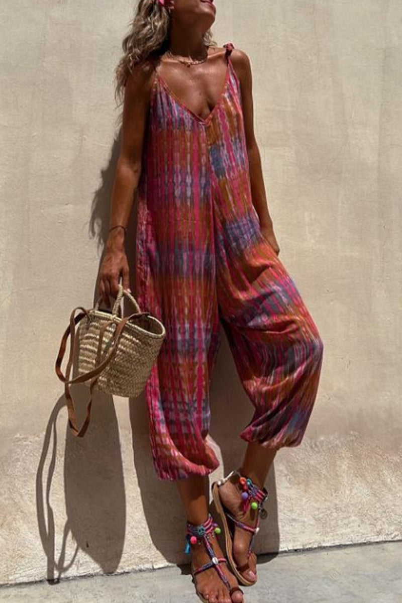 college print pocket V-hals los jumpsuits