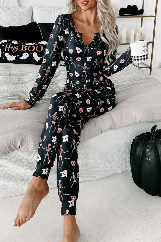 Casual doodshoofdprint V-hals twee-delige broek met lange mouwen