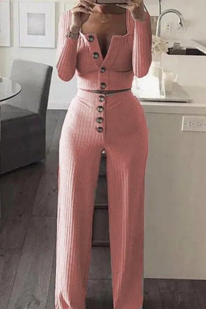 Casual Solid Knopen Waistcoat Broek U Hals Mouwloos Twee Stuks