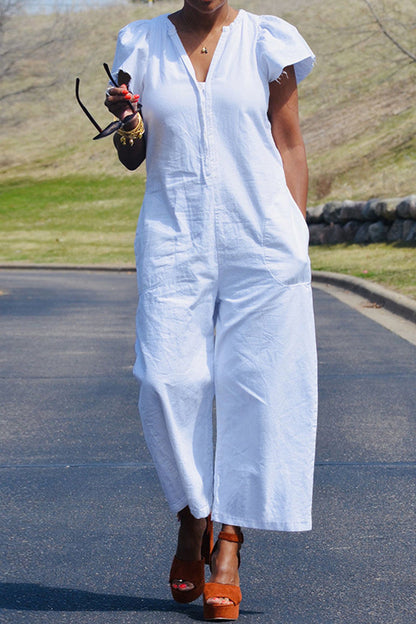 Casual effen-patchwork-tasje V-hals regular jumpsuits