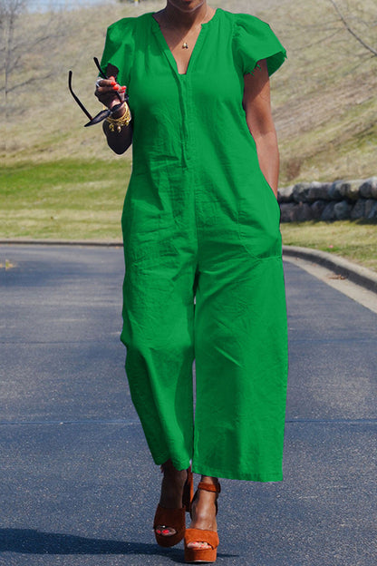 Casual effen-patchwork-tasje V-hals regular jumpsuits
