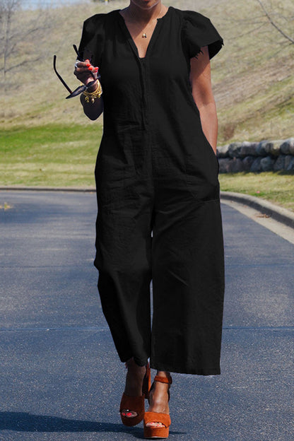Casual effen-patchwork-tasje V-hals regular jumpsuits