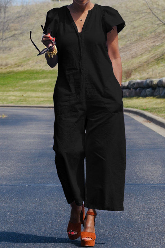 Casual effen-patchwork-tasje V-hals regular jumpsuits