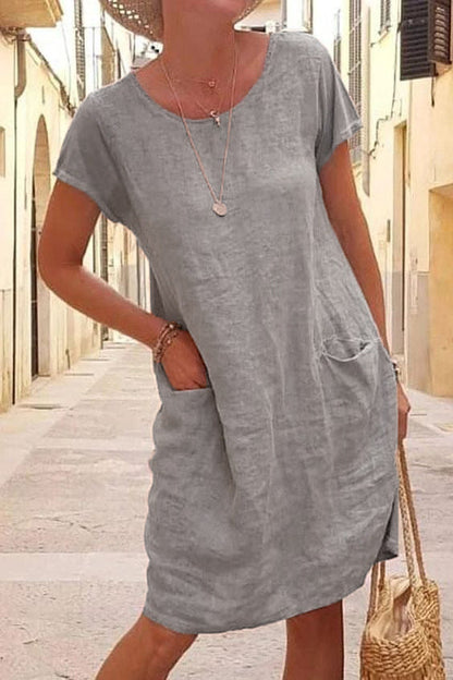 Zomer Losse Effen Zak Mouwen Crew Neck Katoenen Linnen Korte Broek
