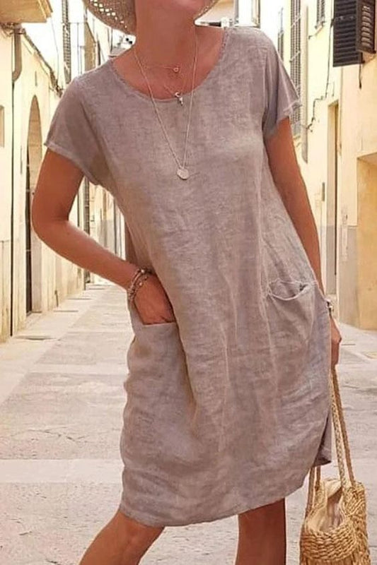 Zomer Losse Effen Zak Mouwen Crew Neck Katoenen Linnen Korte Broek
