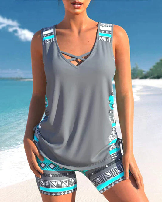 Tankini met tribalprint en gekruiste details