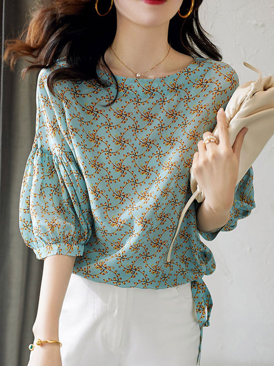 Dalia Top | Bloemen Chiffon Top met Pofmouwen