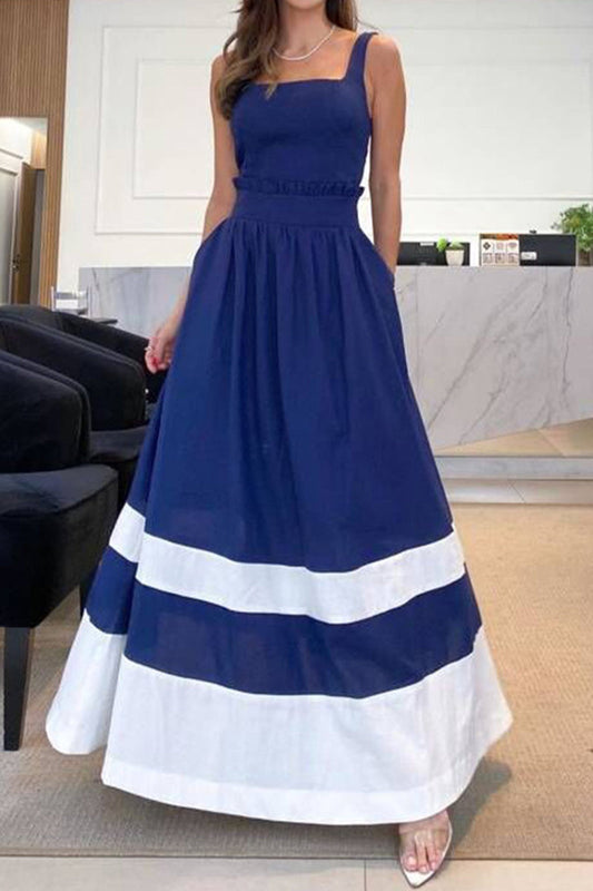 Gestreepte patchwork jurk voor in je vrije tijd met bandjes en vierkante halslijn