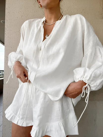 Casual Lantaarn Mouw Top Korte Broek Katoen en Linnen Tweedelige Set