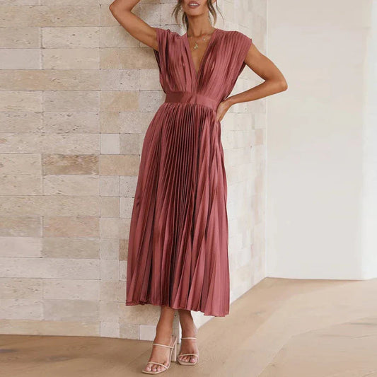 LD | Plooirok midi-jurk met V-hals en elegante korte mouwen