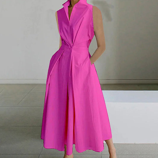 Lange mouwloze jurk in roze-rode kleur