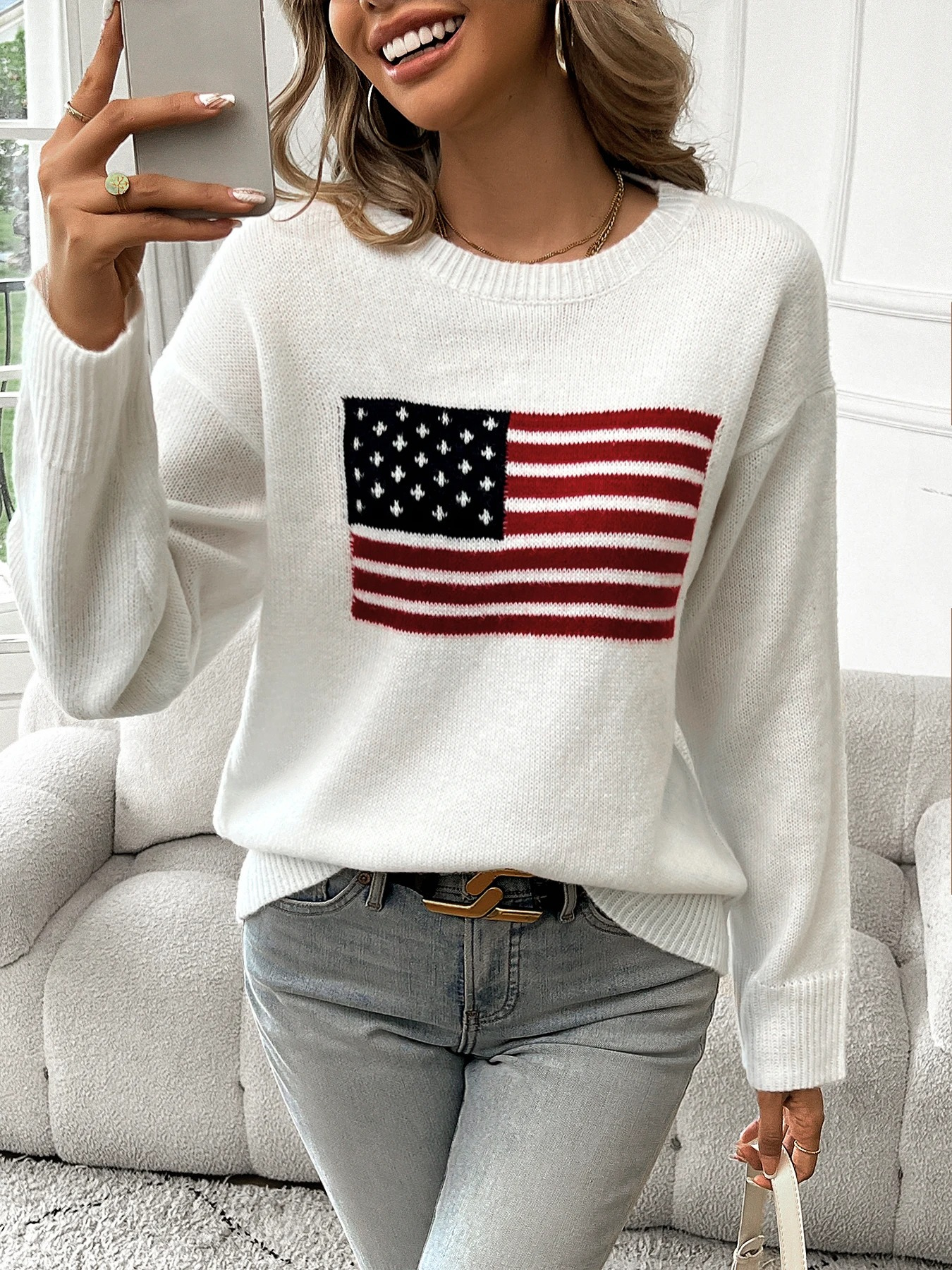 Nina - Casual Witte Gebreide Sweater met Amerikaanse Vlag Opdruk