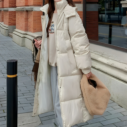 Elegante lange dikke donsjas met capuchon voor dames | Ideaal voor herfst/winter