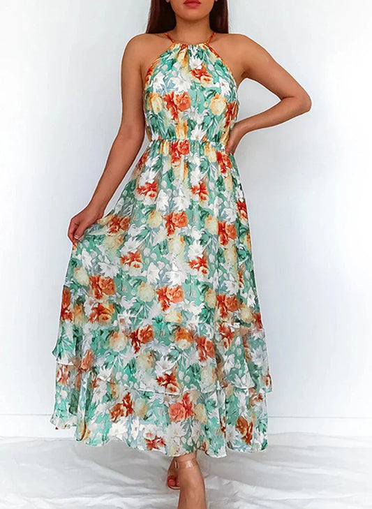 Jurk met rok tot halverwege de kuit en elegante bloemencombinatie