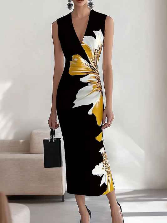 Lange mouwloze jurk met V-hals en bloemenprint