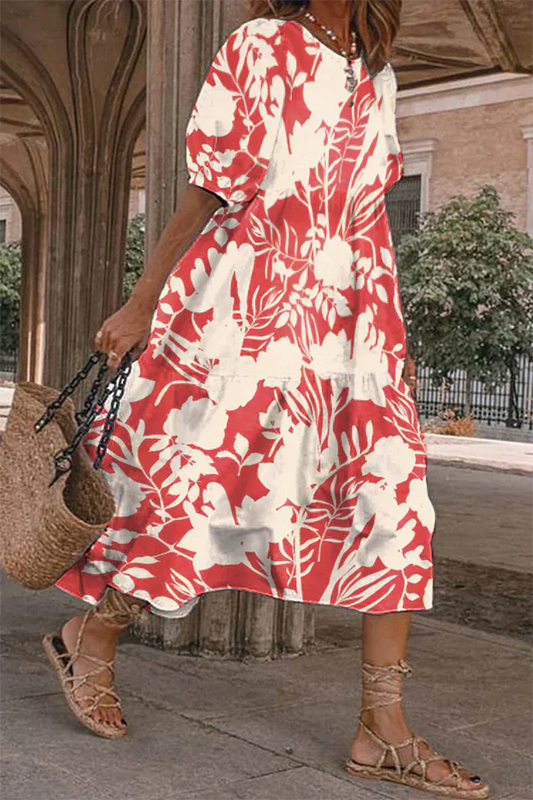 Jurk met pastelkleurige rok en ronde halslijn met casual print