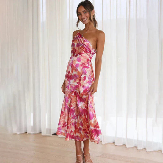 Midi-jurk met bloemenprint en asymmetrisch patroon met één schouder