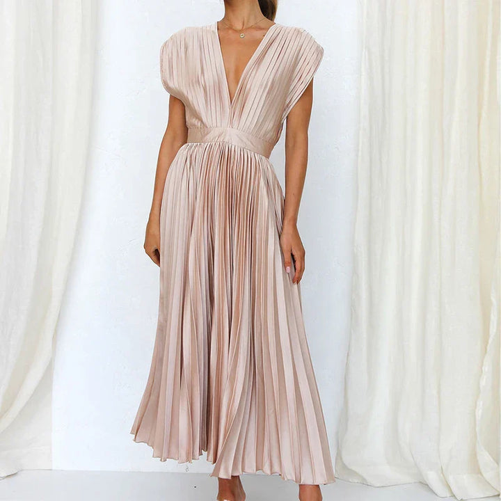 Plooirok midi-jurk met V-hals en elegante korte mouwen
