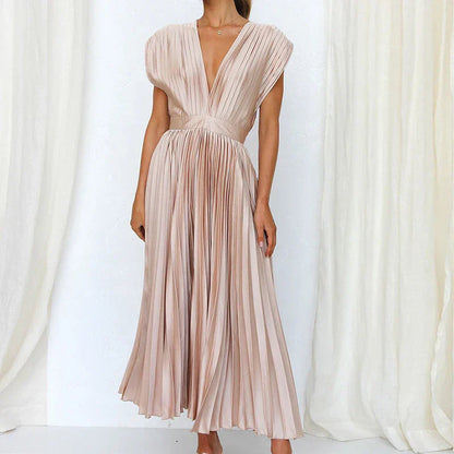 Plooirok midi-jurk met V-hals en elegante korte mouwen