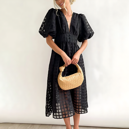 Elegante zomer midi-jurk met korte pofmouwtjes