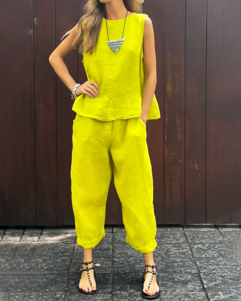 Effen Mouwloos Vest & Broek Katoen Linnen Tweedelige Set