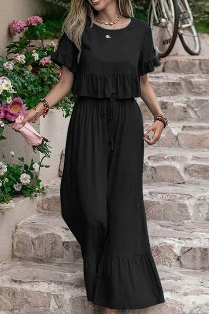 Casual losse eenkleurige broek met korte mouwen en wijde pijpen tweedelige set