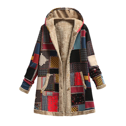 Luxe, elegante, warme schapenvacht patchwork jas met capuchon voor dames