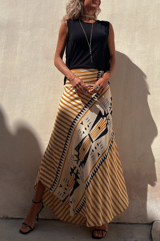 Maxi rok met elastische tailleband en geometrisch satijnpatroon