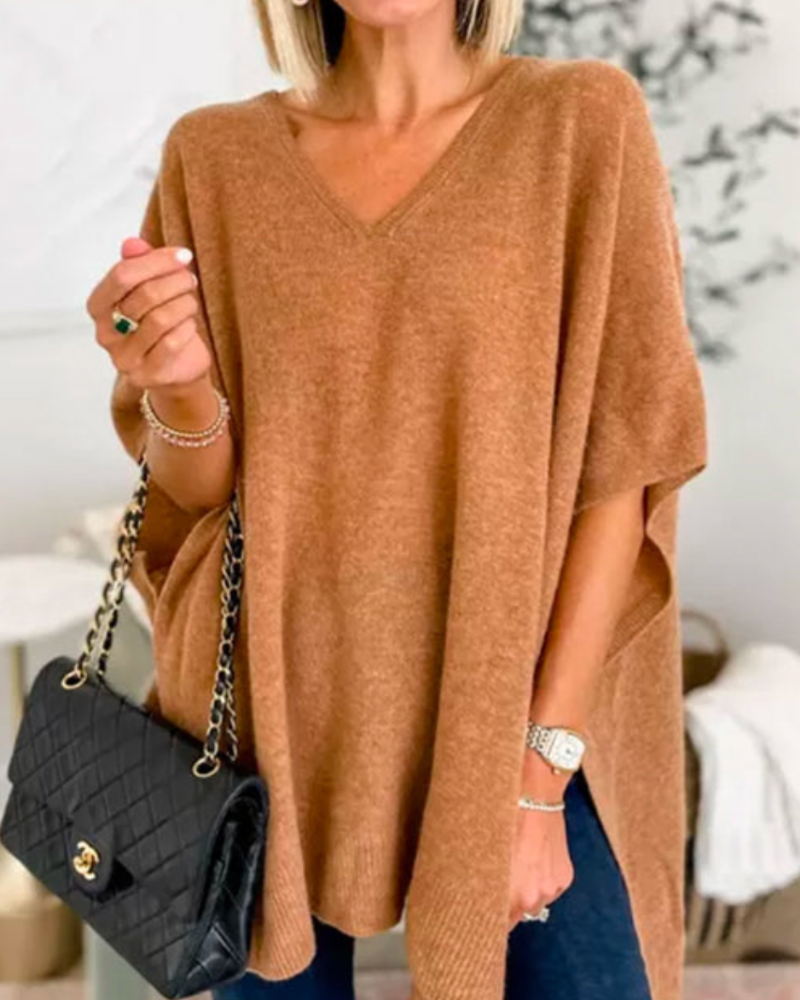 Adeline Effen Poncho Sweater met V-hals en losse pasvorm