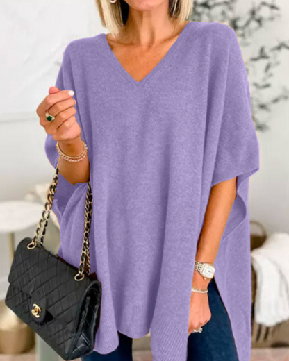 Adeline Effen Poncho Sweater met V-hals en losse pasvorm