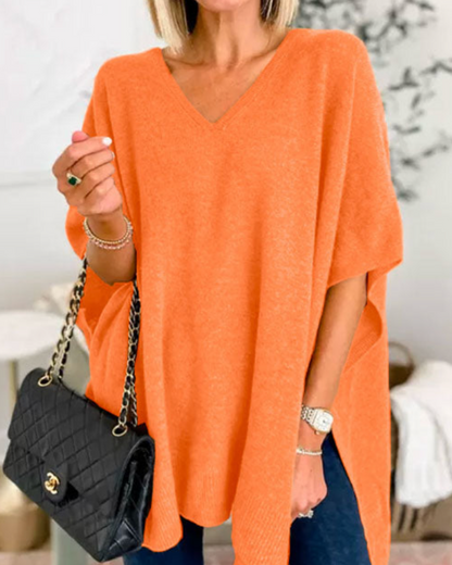 Adeline Effen Poncho Sweater met V-hals en losse pasvorm