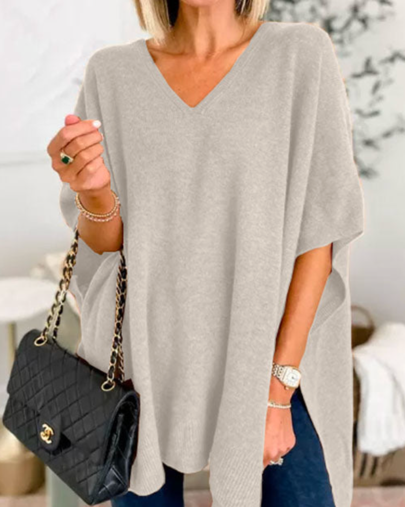 Adeline Effen Poncho Sweater met V-hals en losse pasvorm