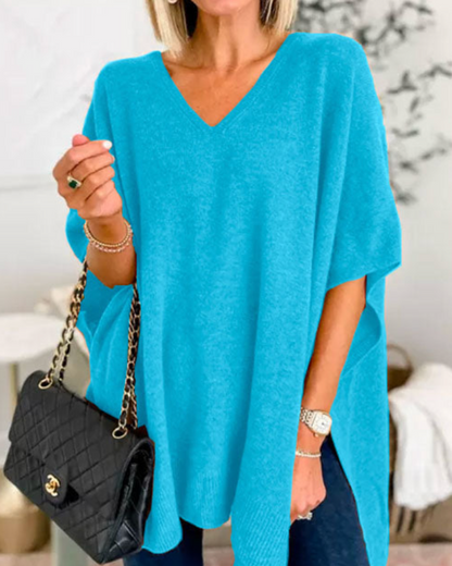 Adeline Effen Poncho Sweater met V-hals en losse pasvorm