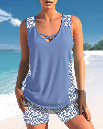 Tankini met tribalprint en gekruiste details