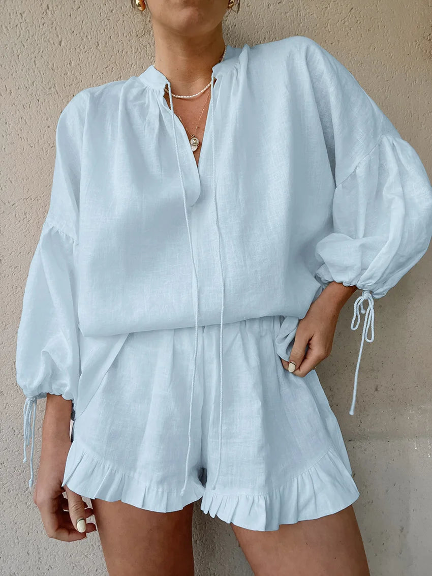Casual Lantaarn Mouw Top Korte Broek Katoen en Linnen Tweedelige Set