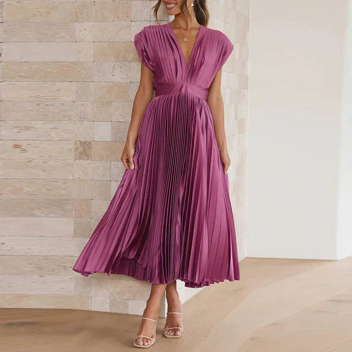 Plooirok midi-jurk met V-hals en elegante korte mouwen
