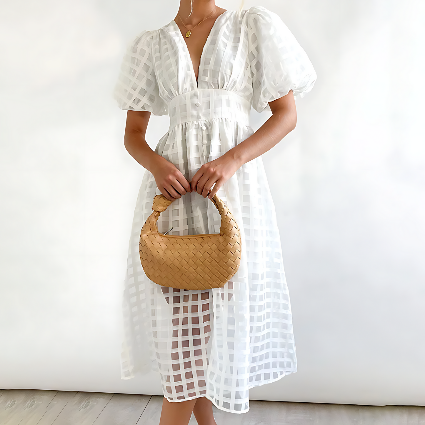 Elegante zomer midi-jurk met korte pofmouwtjes
