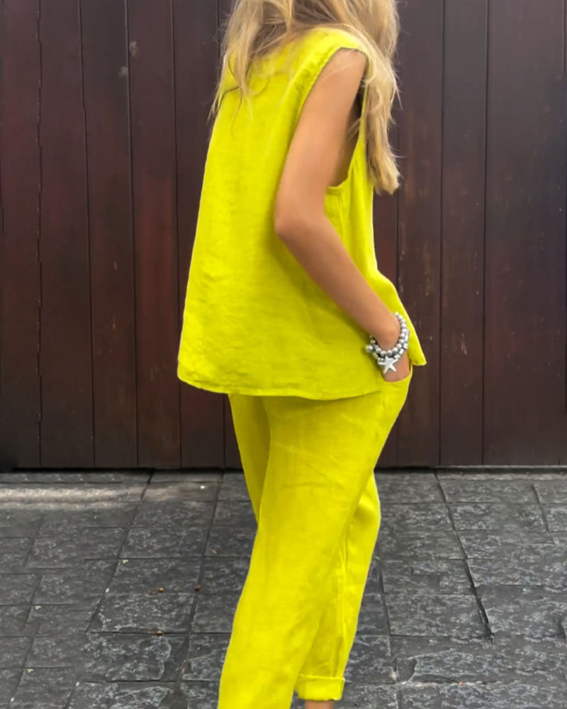 Effen Mouwloos Vest & Broek Katoen Linnen Tweedelige Set