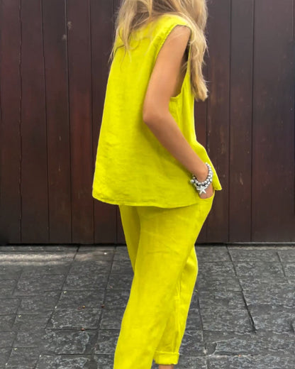 Effen Mouwloos Vest & Broek Katoen Linnen Tweedelige Set