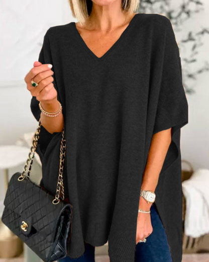 Adeline Effen Poncho Sweater met V-hals en losse pasvorm